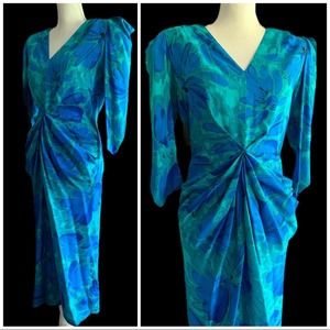 Vintage 90's Nora Noh 100% Silk Floral Pleat detail Dress